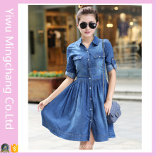 Women′s Plus Size Slim Fit Pleated Denim Dress (50258)